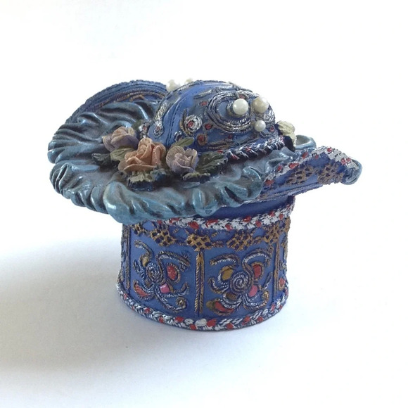 Trinket Box Hat Adorned Pearl Floral Feather Jewelry Box Home Decor Blue - Picture 8 of 8